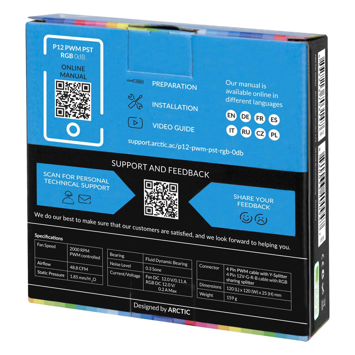 Tylna strona opakowania wentylatora. Zawiera kody QR do instrukcji i pomocy technicznej, instrukcje wielojęzyczne, specyfikacje oraz opcje kontaktu.