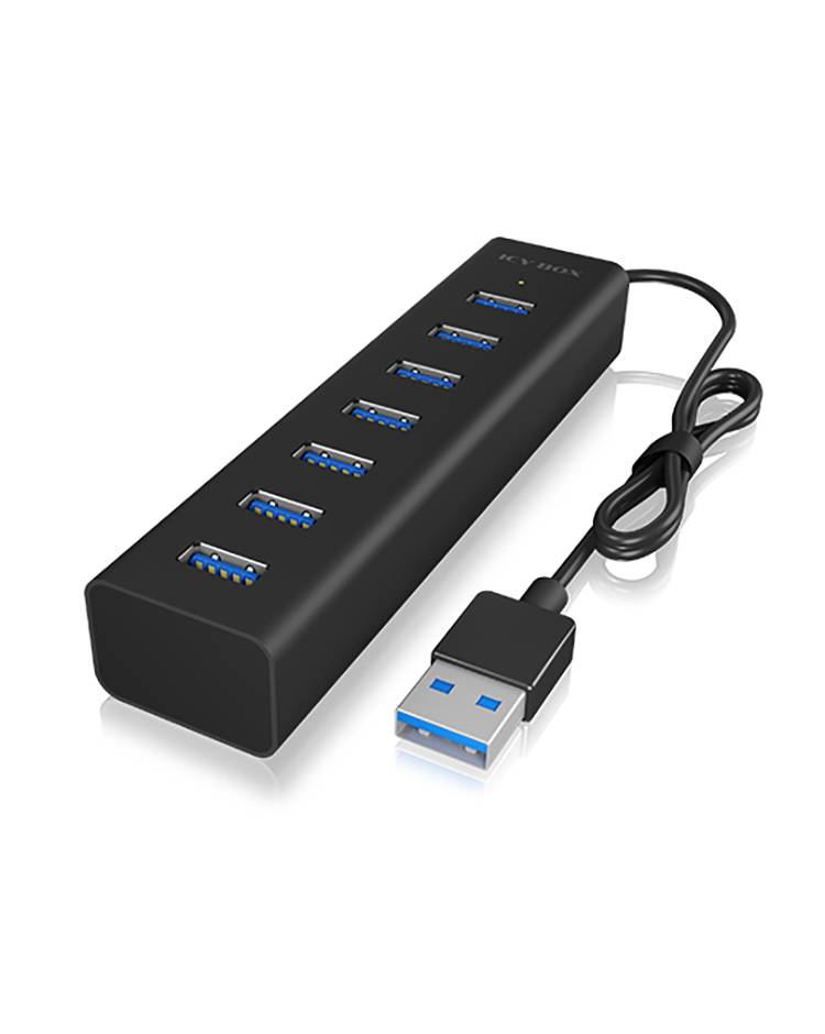 Czarny hub USB z siedmioma portami USB 3.0 i podłączonym przewodem, przeznaczony do podłączenia wielu urządzeń do komputera.