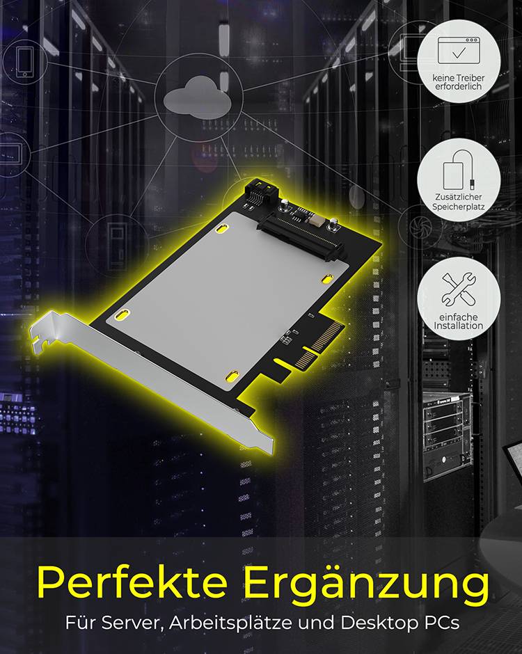 Karta rozszerzeń do serwerów i komputerów PC, wyróżniona w pomieszczeniu serwerowym, z symbolami oznaczającymi brak potrzeby sterowników, dodatkową pamięć oraz prostą instalację.