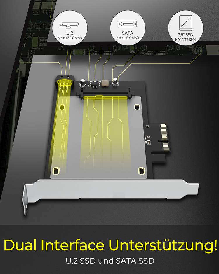 Grafika przedstawia kartę PCIe obsługującą interfejsy podwójne dla dysków SSD U.2 i SATA o prędkościach do 32 Gb/s.
