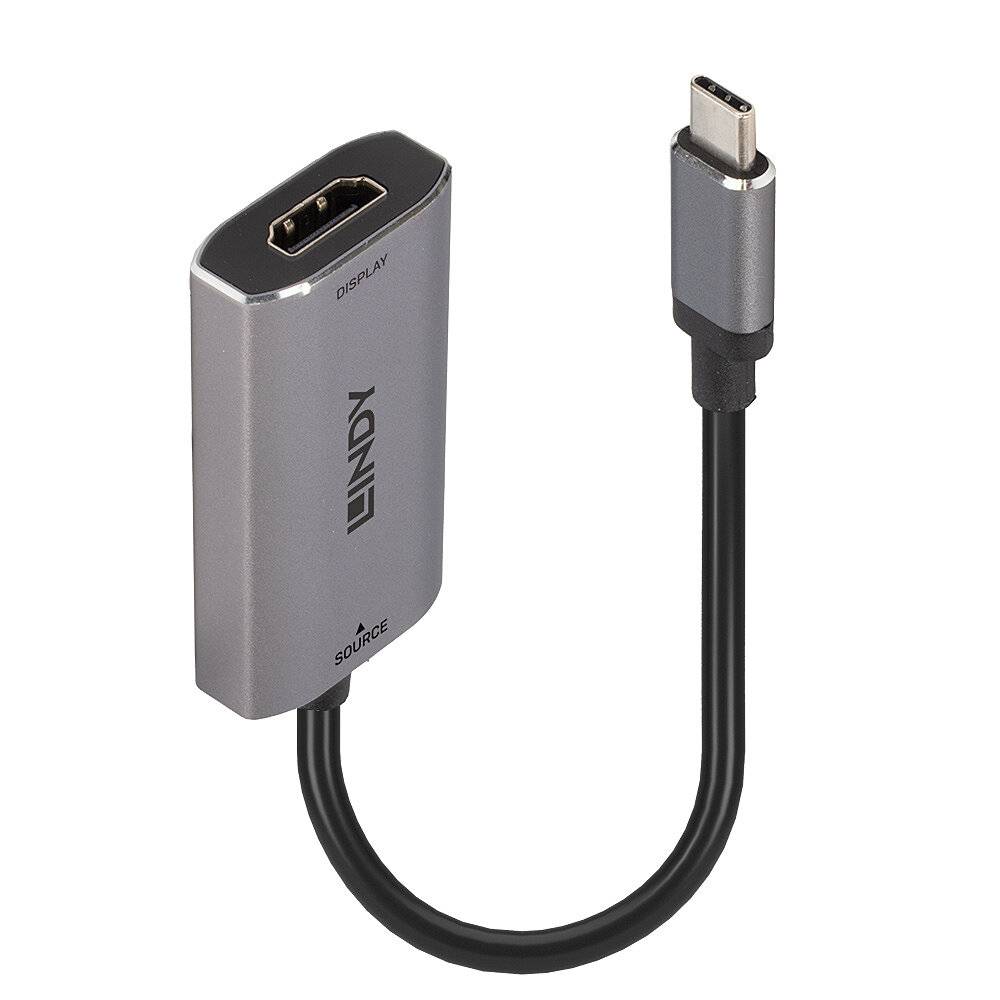 'Adapter USB-C do HDMI, w kolorze srebrnym, z krótkim przewodem. Przeznaczony do podłączania urządzeń z USB-C do wyświetlaczy HDMI.'