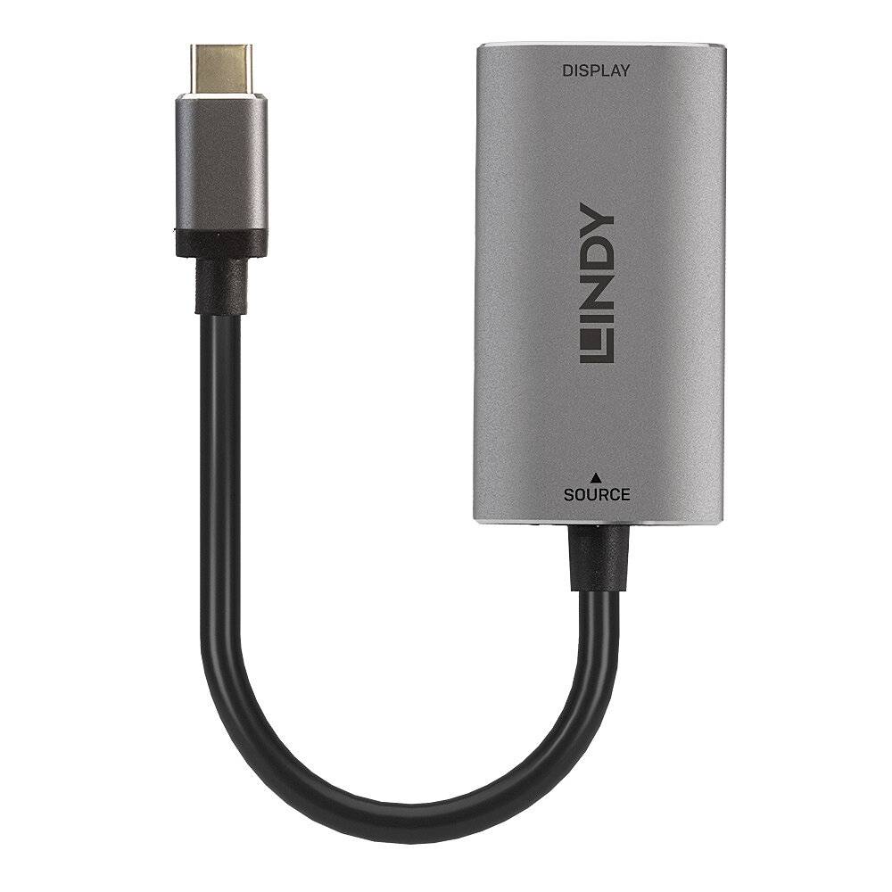Adapter USB-C na HDMI w kolorze szarym, oznaczony napisami 'Display' i 'Source'. Kabel jest krótki i elastyczny, przeznaczony do transmisji wideo.