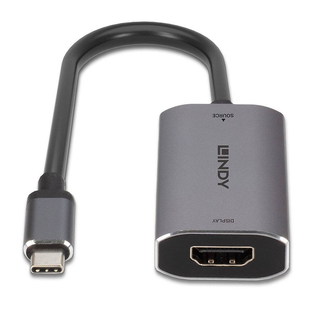 Adapter USB-C na HDMI z szarą obudową i czarnym przewodem, oznaczony napisem 'SOURCE' u góry oraz 'DISPLAY' po stronie złącza HDMI.