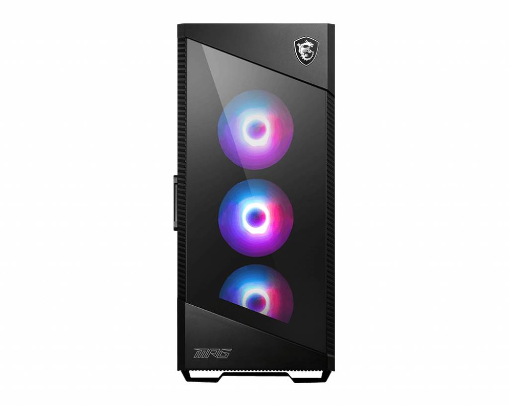 Czarna obudowa komputera z trzema świecącymi wentylatorami w różnych kolorach na przedniej ścianie. W lewym górnym rogu widoczne jest logo.