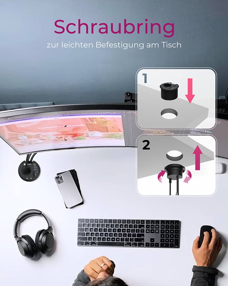 Mężczyzna siedzi przy biurku i korzysta z komputerowej myszy, obok znajduje się mocowanie monitora z 'pierścieniem zaciskowym do łatwego przymocowania do blatu'.