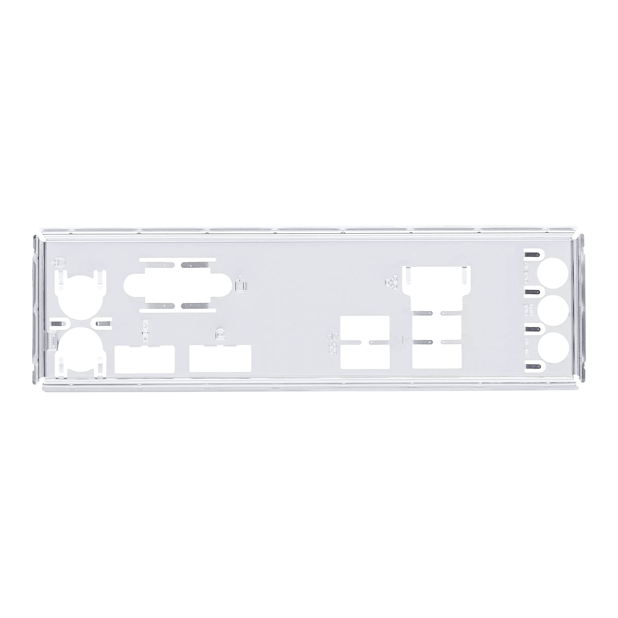 Srebrna metalowa zaślepka do obudowy komputera z różnymi wycięciami na złącza, dopasowana do konkretnych płyt głównych.