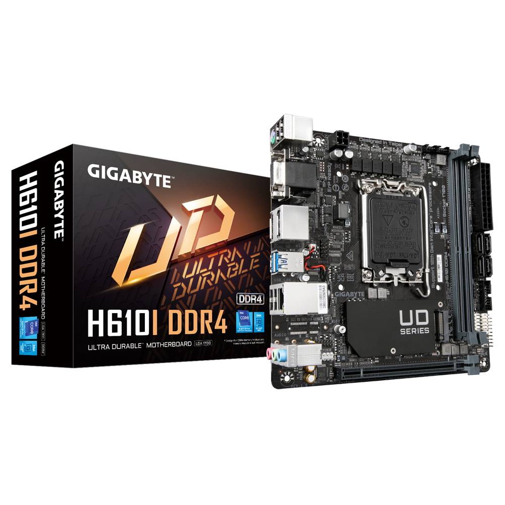 Płyta główna Gigabyte H610I DDR4 obok jej opakowania, prezentująca cechy takie jak 'Ultra Durable Motherboard' oraz 'UD Series'.