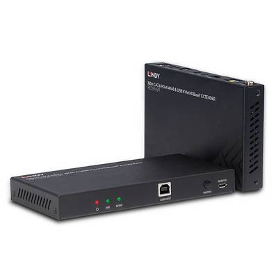 Dwa czarne urządzenia elektroniczne z napisem 'Lindy'. Jedno posiada złącza i diody LED, drugie jest oznaczone jako 'Odbiornik'.