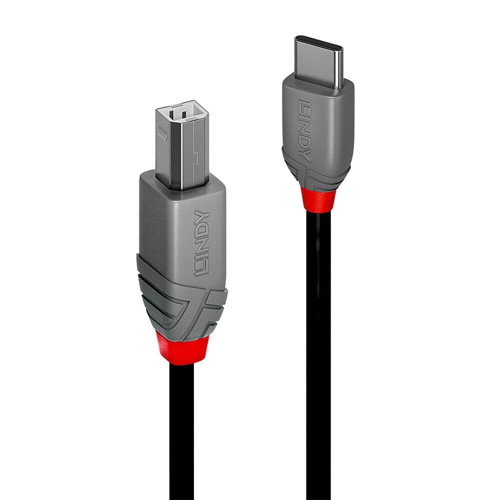 Czarny kabel do transmisji danych z szarymi końcówkami; jeden z wtyczką USB-C, drugi z kwadratową wtyczką przeznaczoną do urządzeń specjalnych.