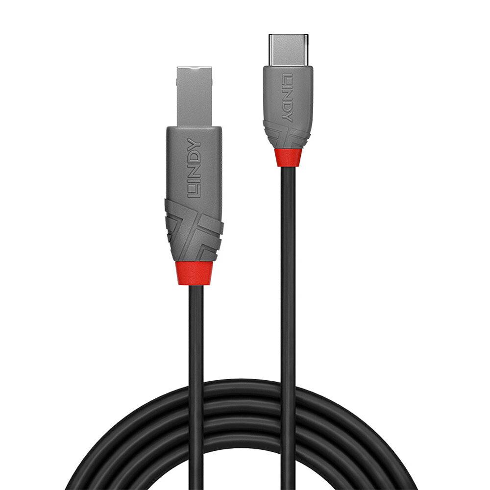 Kabel USB-C do USB-B w wytrzymałej, szarej obudowie z czerwonym akcentem, przeznaczone do podłączenia drukarki lub skanera.