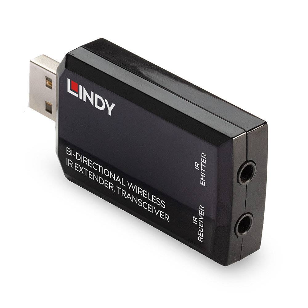 Urządzenie USB marki Lindy z napisem 'Bi-Directional Wireless IR Extender, Transceiver', prezentuje złącza dla nadajnika i odbiornika podczerwieni.