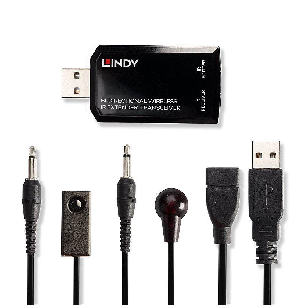 Nadajnik USB z wieloma kablami i wtyczkami, w tym dwa wtyki jack, czujnik, dioda podczerwieni oraz kabel USB.