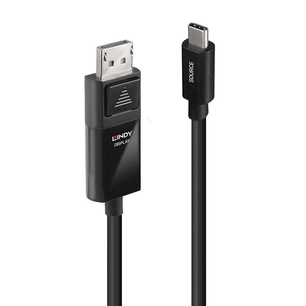 Kabel z wtykiem DisplayPort po lewej stronie i wtykiem USB-C po prawej stronie, używane do podłączania komputerów z monitorami.