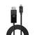 Czarny kabel marki 'Lindy' z wtykiem DisplayPort po lewej stronie i wtykiem USB-C po prawej stronie.