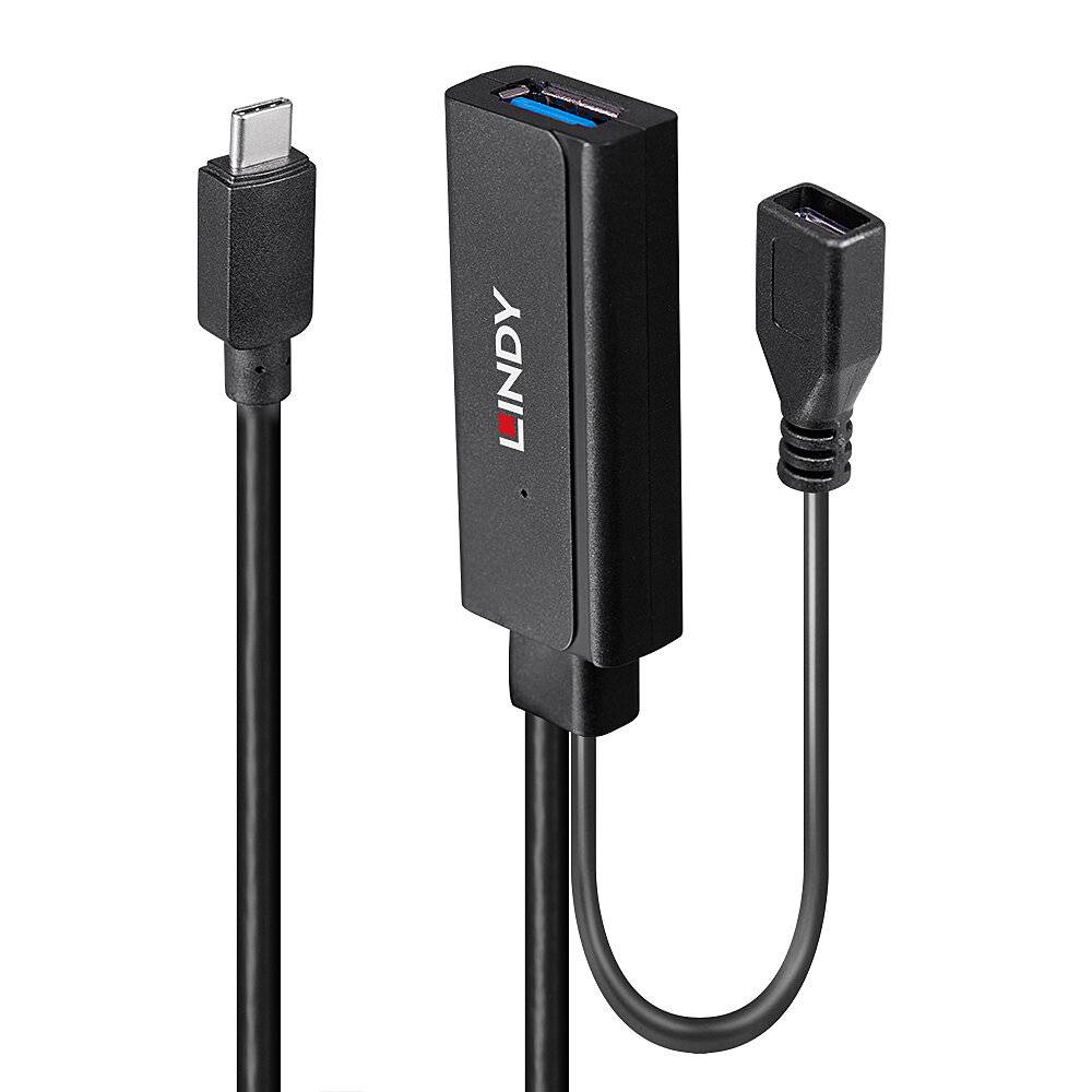 Adapter USB-C na HDMI z czarnym przewodem. Adapter oznaczony logo 'Lindy'. Zawiera złącze HDMI do podłączenia monitorów.