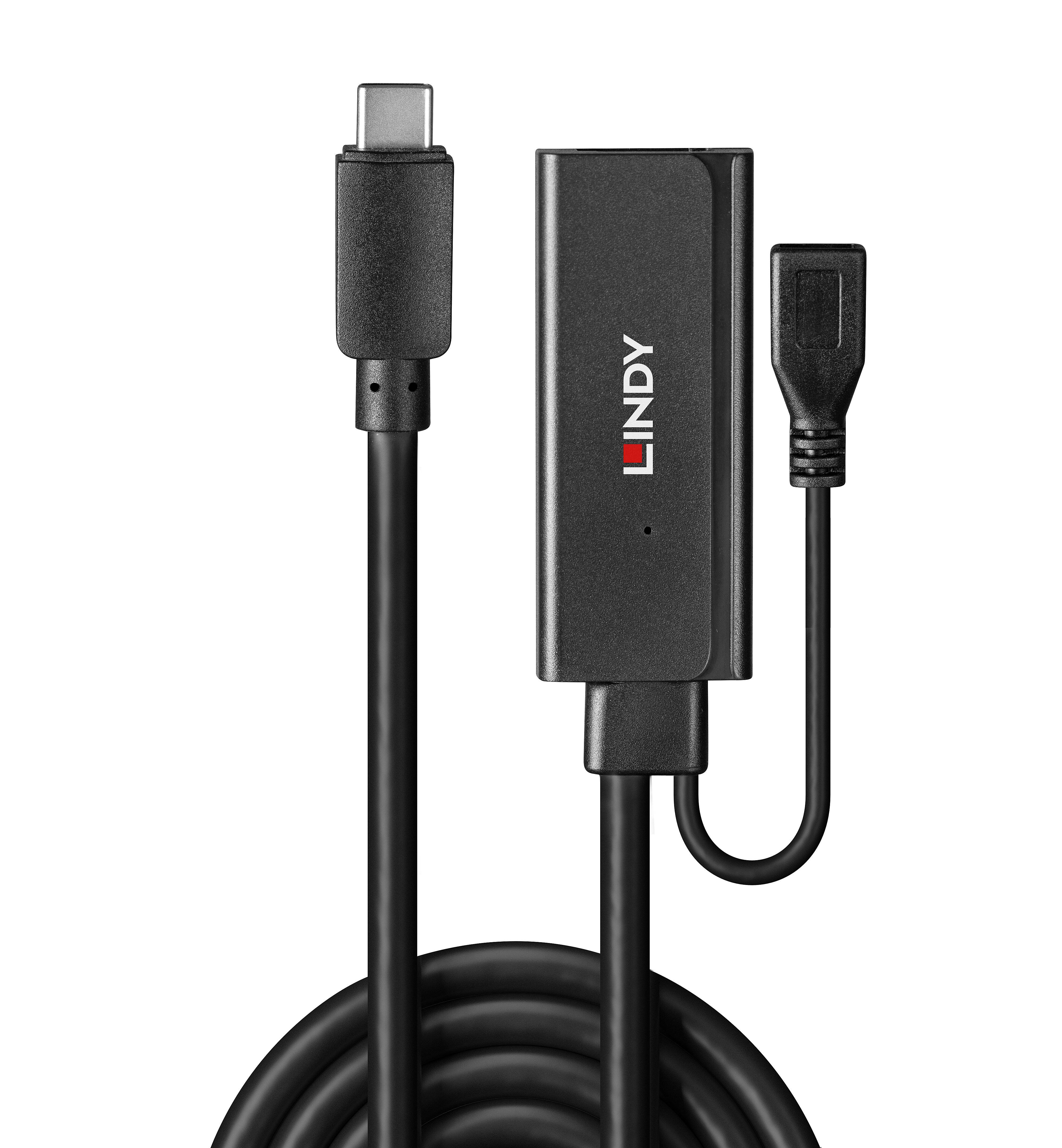 Kabel USB-C do HDMI firmy LINDY przedstawia dwa złącza z cienkim czarnym przewodem. Odpowiednie do podłączania urządzeń z interfejsem HDMI.