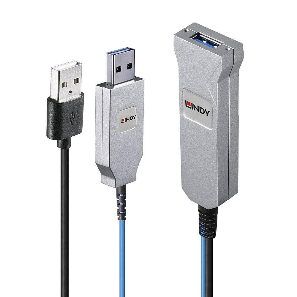 'Trzy wtyczki USB firmy Lindy: Dwa wtyki męskie (USB-A, USB-B) oraz jeden żeński (USB-A). Srebrny design z oznaczonymi złączami.'