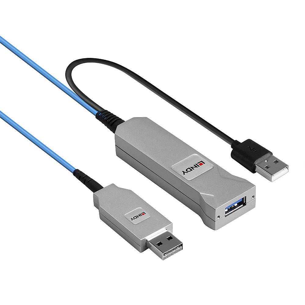 Dwa kable USB z metalową obudową, połączone srebrnym adapterem z gniazdem USB.