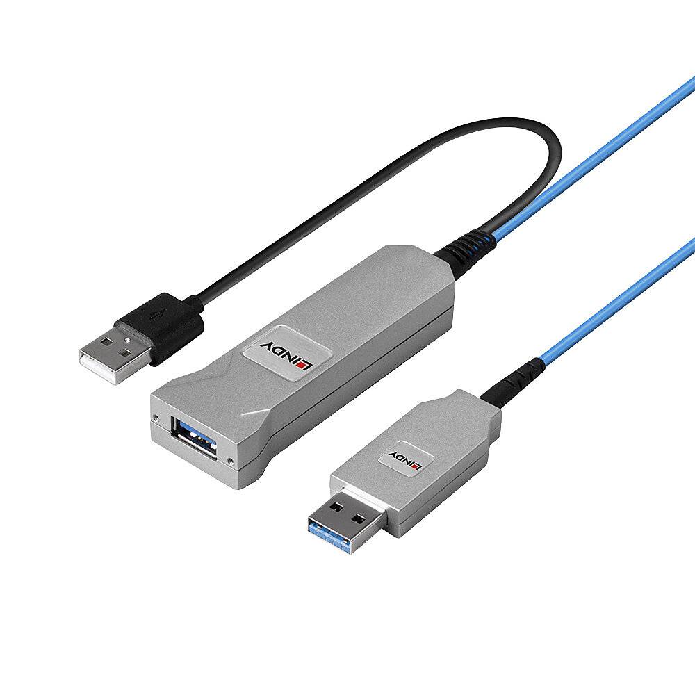 Kabel przedłużające USB z szarą obudową i niebieskimi wtyczkami, połączone długim przewodem. Na obudowie widnieje nazwa marki 'LINDY'.