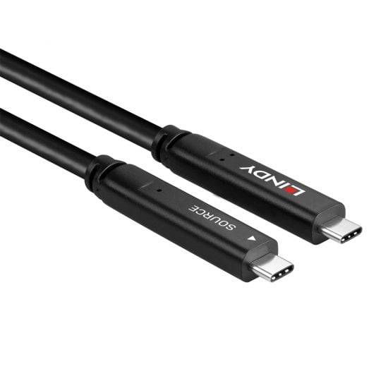 Dwa kable USB-C firmy Lindy, jeden z oznaczeniem 'Source'. Nadają się do przesyłania danych i ładowania urządzeń.
