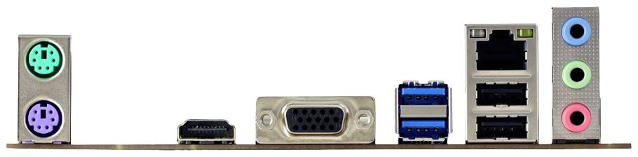 Tylna strona płyty głównej komputera z gniazdami: PS/2, HDMI, VGA, USB, Ethernet oraz złączami audio.