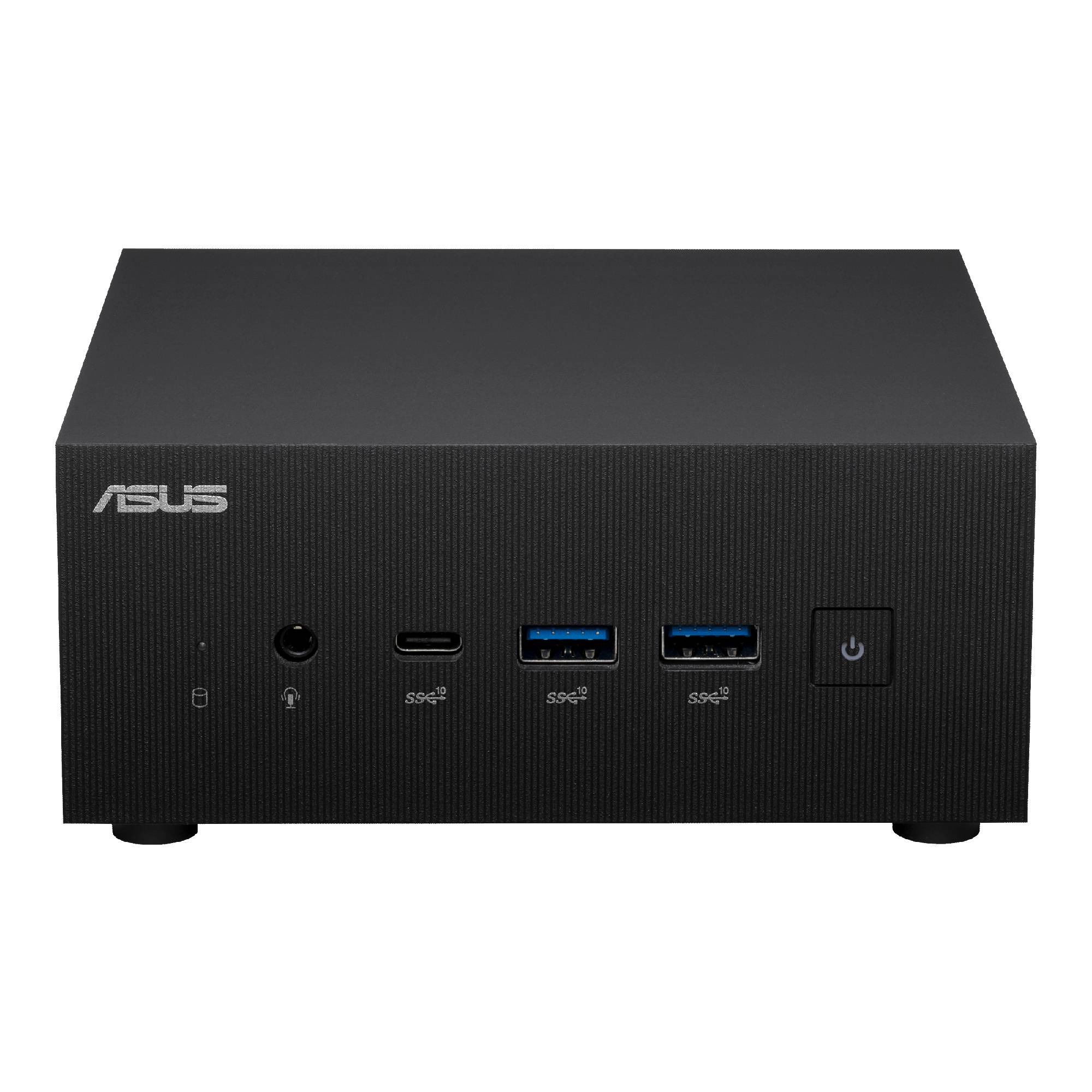 Czarny miniaturowy komputer ASUS z wieloma portami USB oraz włącznikiem sieciowym na przedniej ściance.
