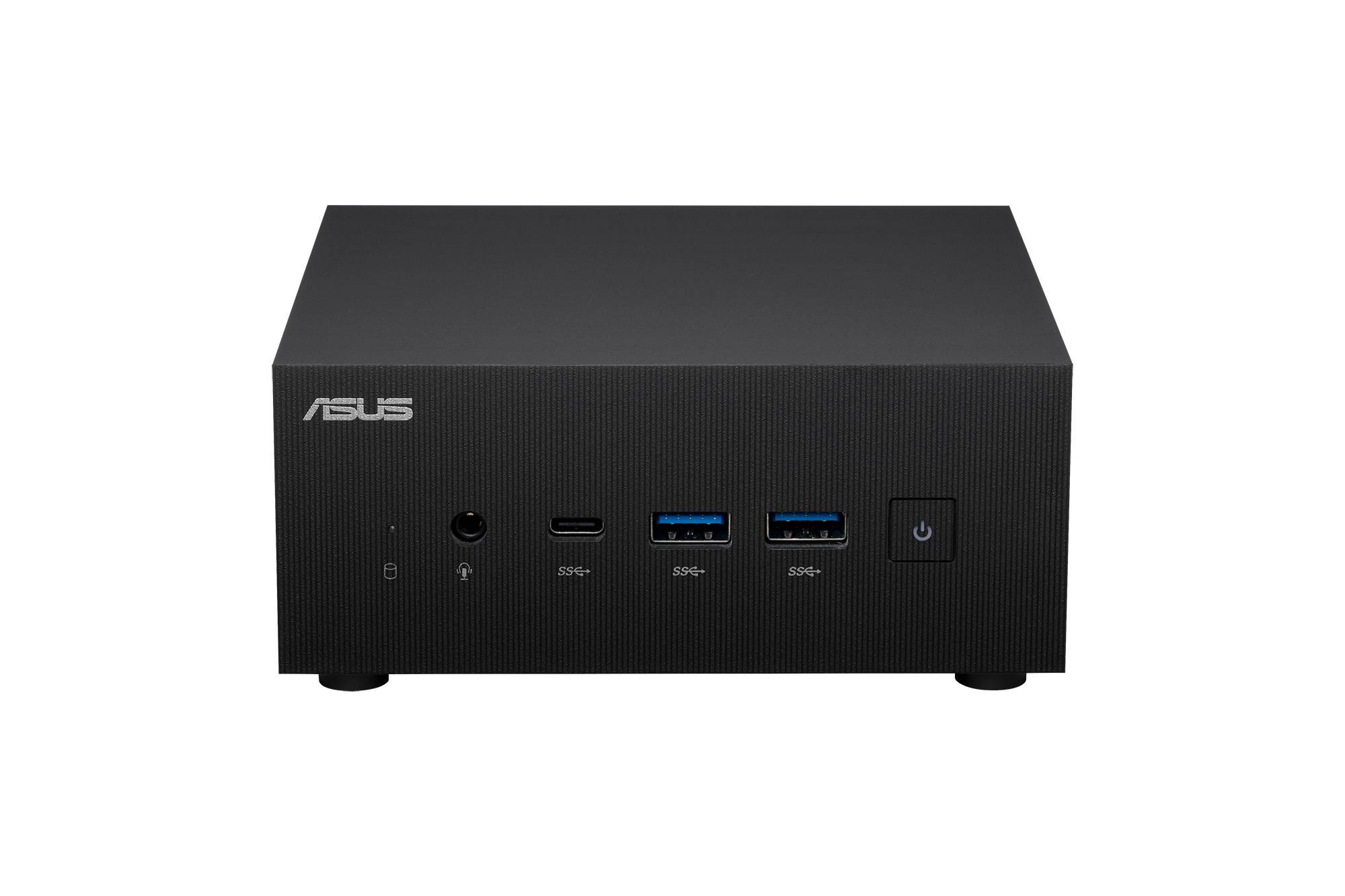 Czarny mini-komputer ASUS z kilkoma portami USB i włącznikiem z przodu.