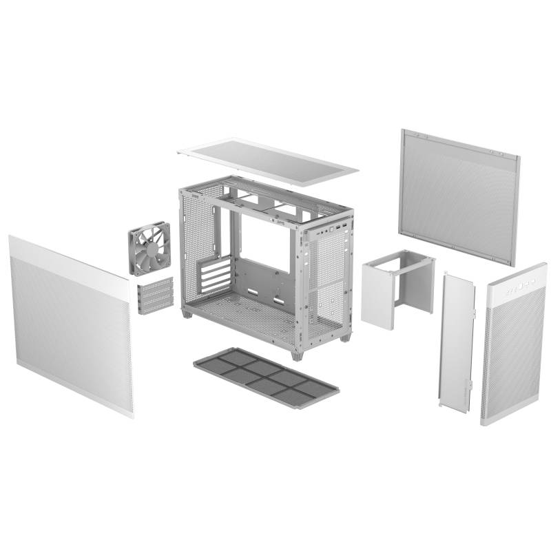 Rozebrany komputer z wieloma zdemontowanymi ściankami bocznymi, filtrami przeciwkurzowymi i wentylatorem, wszystkie rozmieszczone wokół obudowy.