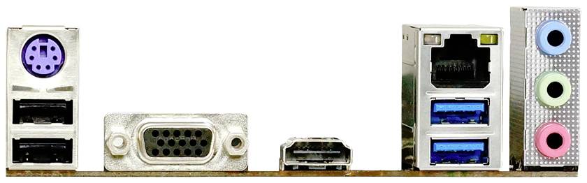 Tylna strona płyty głównej komputera z różnymi złączami: PS/2, USB, VGA, HDMI, Ethernet oraz wejściami audio.