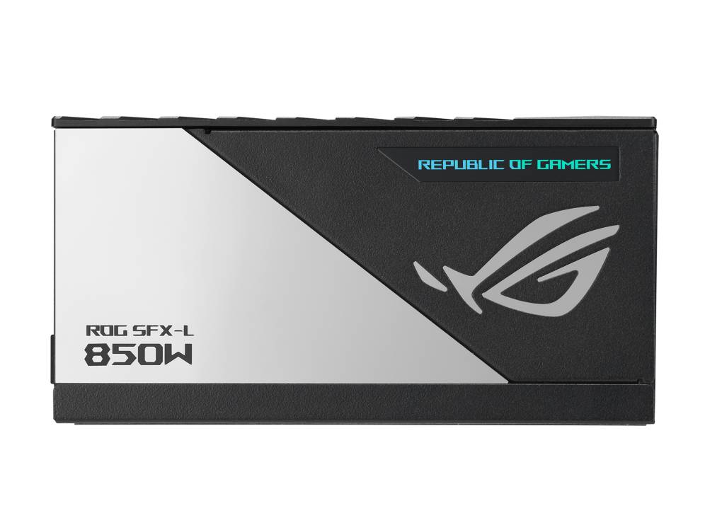Czarno-srebrny zasilacz komputerowy marki ROG o mocy 850W. Tekst na urządzeniu: 'ROG SFX-L 850W' oraz 'REPUBLIC OF GAMERS'.