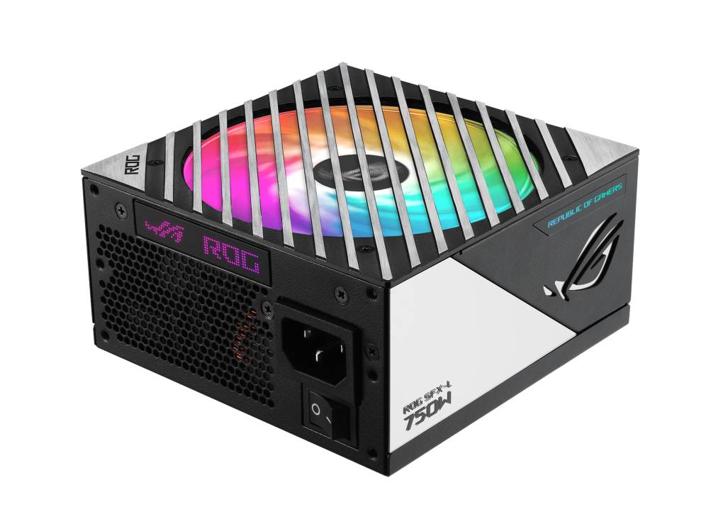 Zasilacz komputerowy o mocy 750W z podświetleniem RGB na górnej powierzchni. Widoczne są logo ROG i ASUS.