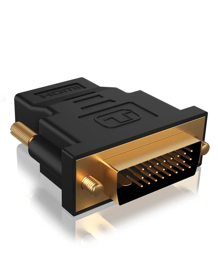 Czarny adapter HDMI na DVI ze złoconymi wtyczkami i śrubami, do podłączenia urządzeń HDMI i DVI.