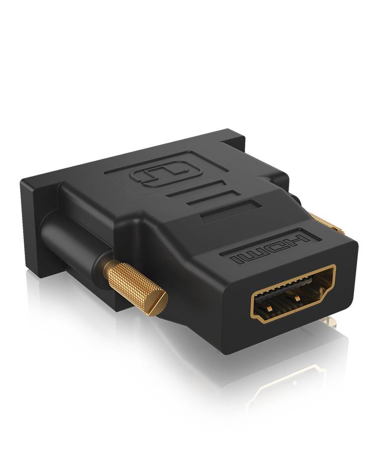 Czarny adapter z gniazdem HDMI i złotymi śrubami, prawdopodobnie przeznaczony do podłączania monitorów lub urządzeń.