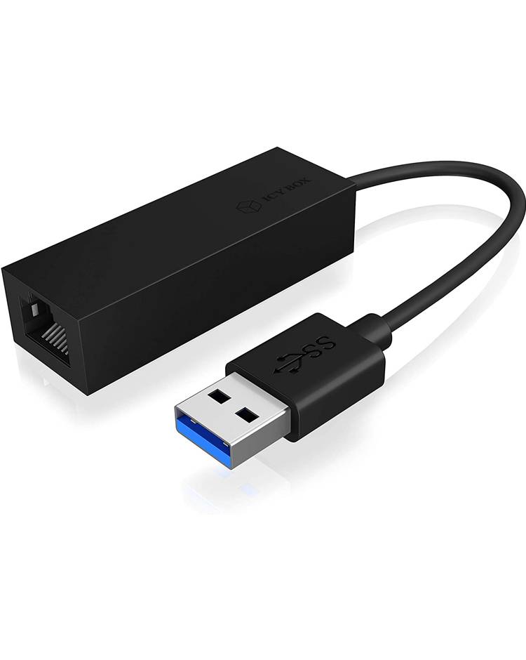 Adapter USB do Ethernetu w kolorze czarnym. Adapter posiada złącze USB po jednej stronie i gniazdo Ethernet po drugiej stronie.