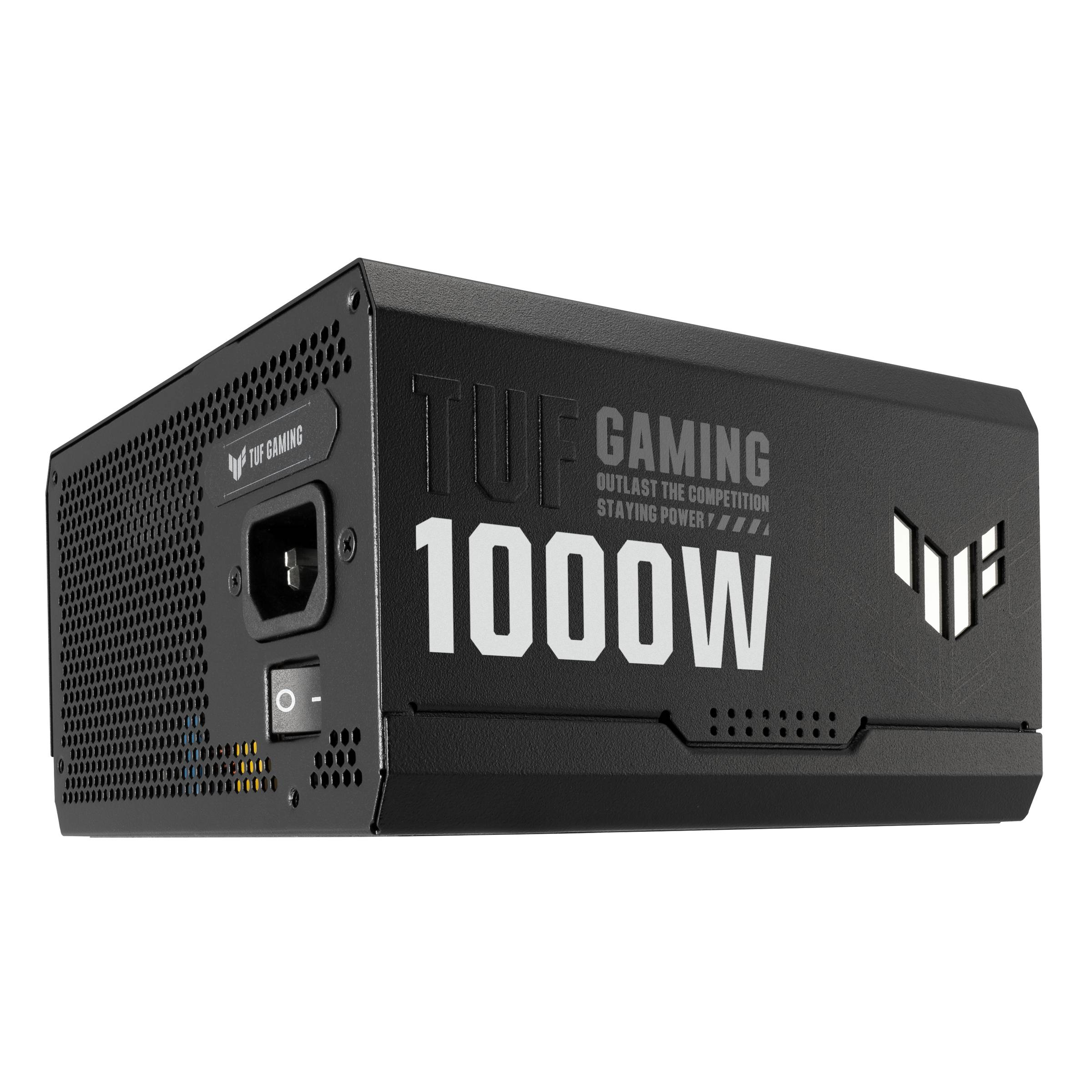 Czarny zasilacz komputerowy 'TUF Gaming', o mocy 1000W, o wytrzymałej konstrukcji z otworami wentylacyjnymi, odpowiedni do wydajnych komputerów do gier.