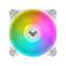 Kwadratowy biały wentylator obudowy świeci w kolorach tęczy. W środku znajduje się okrągłe logo.