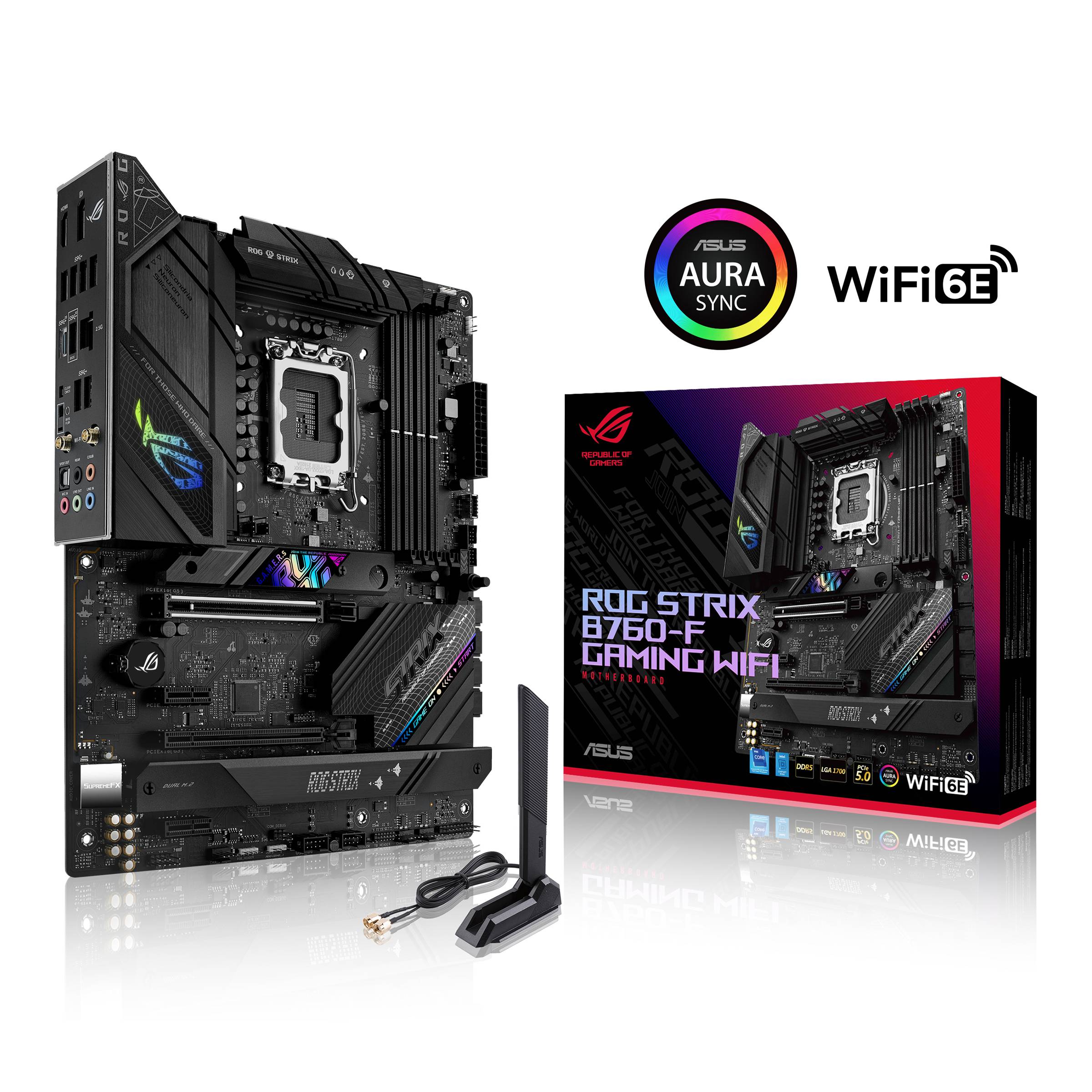 Zdjęcie przedstawia płytę główną ASUS ROG STRIX B760-F GAMING WI-FI wraz z opakowaniem i akcesoriami, w tym anteną dla Wi-Fi 6E.