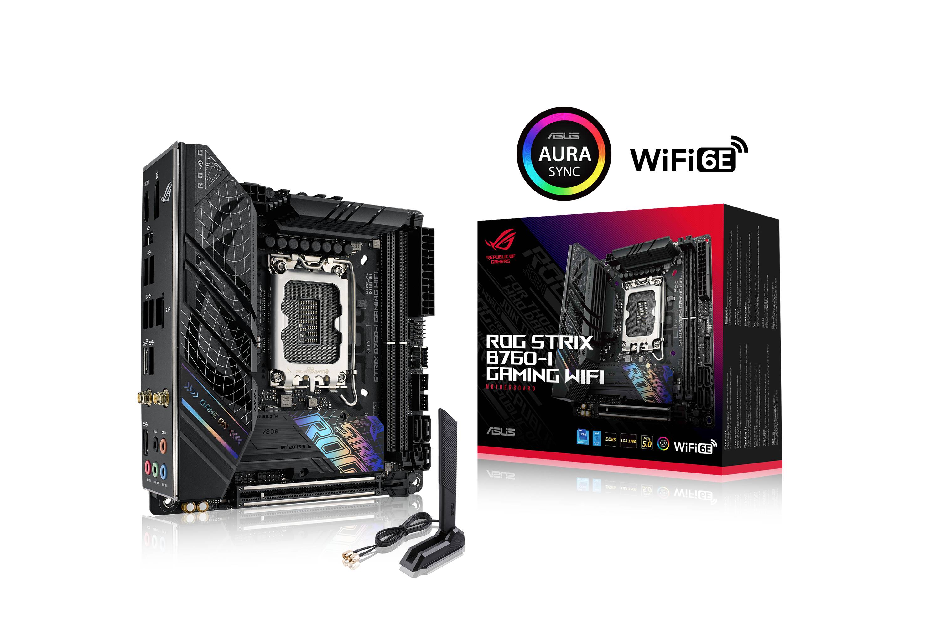Płyta główna ASUS ROG STRIX B760-I Gaming WiFi i jej opakowanie. Kluczowe cechy to WiFi 6E i Aura Sync. Na zdjęciu widoczna jest płyta główna oraz akcesoria.