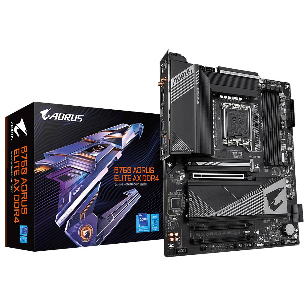 Płyta główna 'B760 AORUS ELITE AX DDR4' obok opakowania. Zawiera gniazdo Intel oraz rozszerzone złącza do budowy wydajnego komputera.