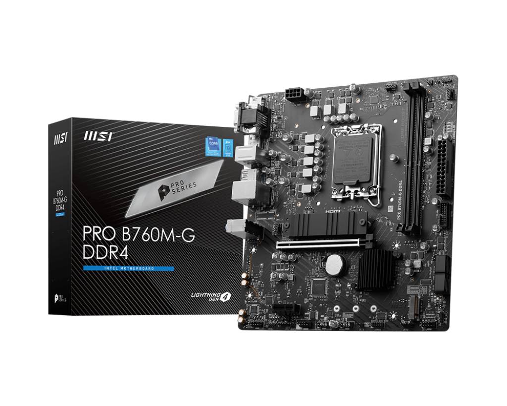 Płyta główna MSI, model PRO B760M-G DDR4, wraz z opakowaniem. Widoczne są złącza i komponenty na czarnej płytce drukowanej.