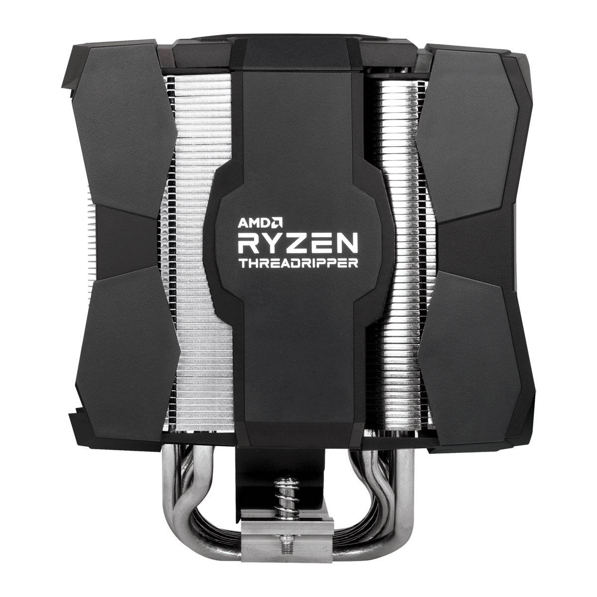 Czarny chłodnik procesora z napisem 'AMD Ryzen Threadripper', widoczny metalowy radiator, kwadratowy kształt.