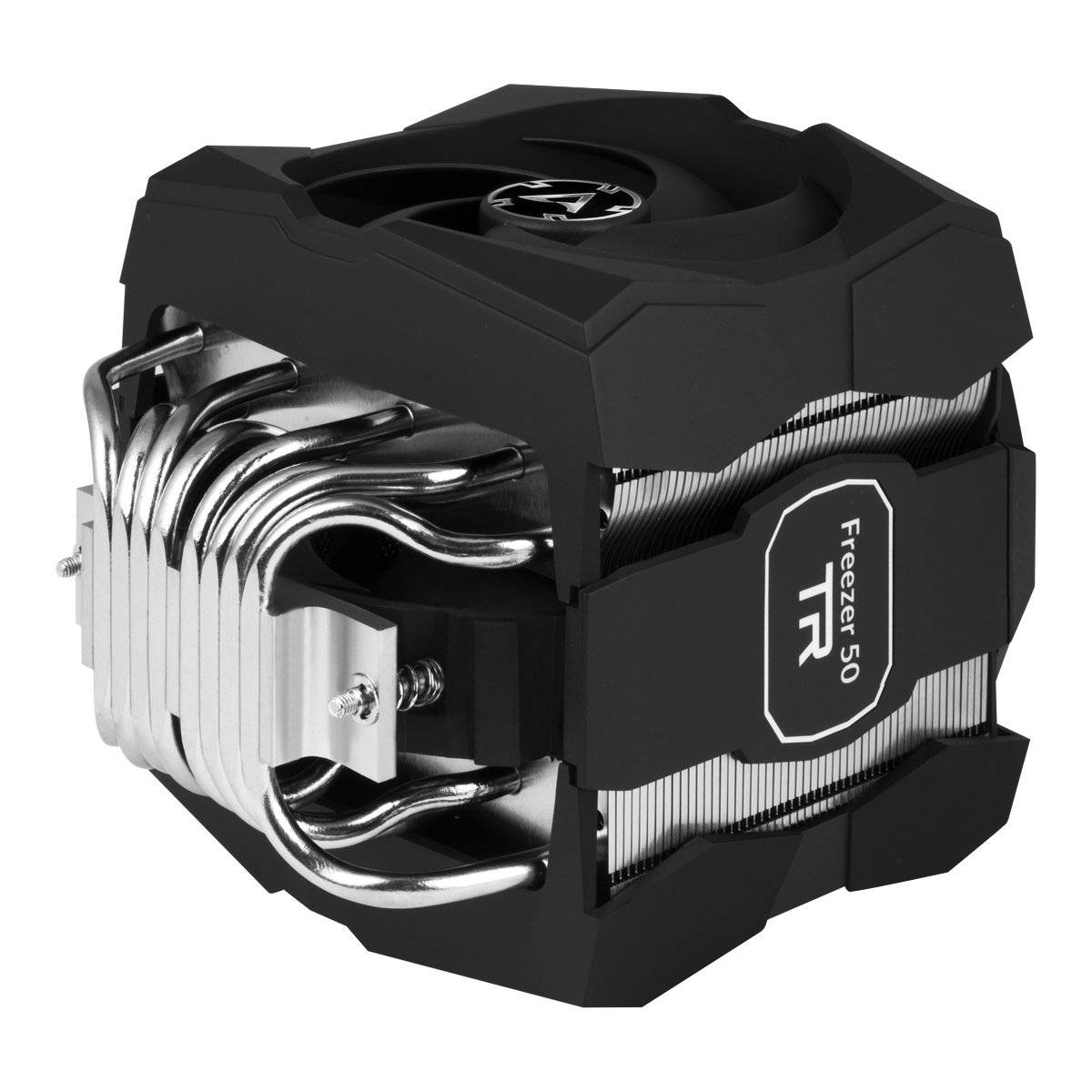 Chłodnica z charakterystyczną czarną obudową i metalowymi żebrami dla efektywnego odprowadzania ciepła; odpowiednia dla wydajnych procesorów.