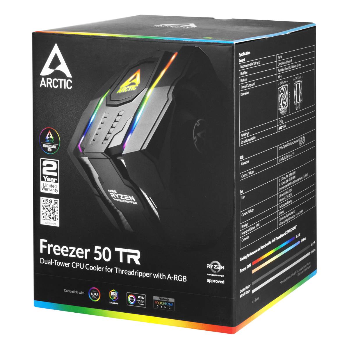 Opakowanie chłodnicy ARCTIC Freezer 50 TR, dwuwieżowy chłodnik procesora z podświetleniem A-RGB do procesorów Threadripper. Nadruki specyfikacji i gwarancji.
