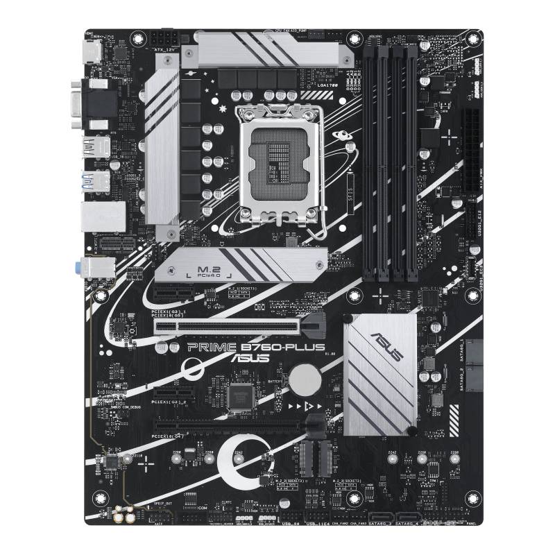 Płyta główna ASUS Prime B760-Plus prezentuje opcje podłączenia, sloty PCIe oraz gniazda RAM do integracji komponentów PC.
