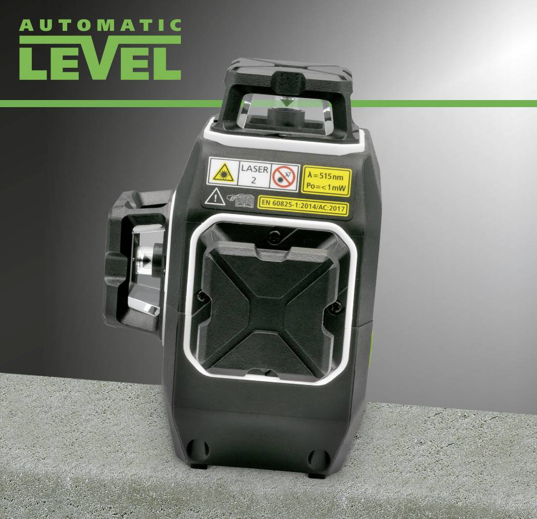 'Cyfrowy laserowy miernik odległości na podłożu betonowym, oznaczony informacjami dotyczącymi bezpieczeństwa i parametrów technicznych.'