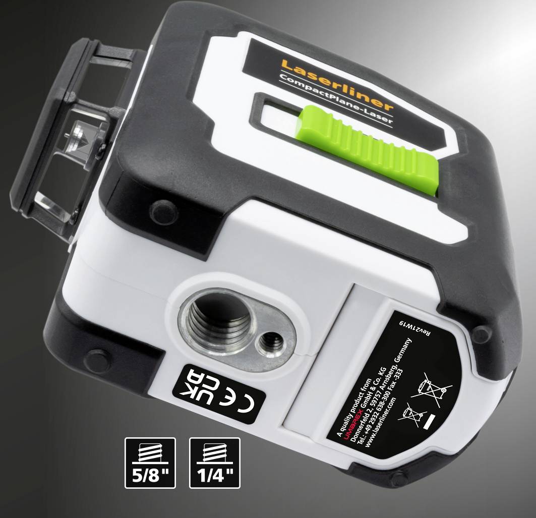 'Laserliner CompactPlane-Laser' na szarym tle. Urządzenie w kolorze czarno-białym z zielonym przełącznikiem. Tekst na dole: '5/8"' i '1/4"'.
