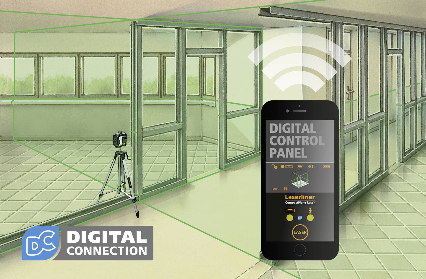 Obraz przedstawia laserowy miernik w pomieszczeniu, który jest podłączony do cyfrowego sterowania za pośrednictwem smartfona.