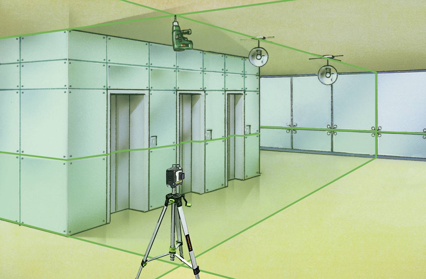 Ilustracja urządzenia pomiarowego laserowego: Dwa urządzenia laserowe mierzą pomieszczenie, z ukrytymi liniami wskazującymi dokładną odległość i kąt.