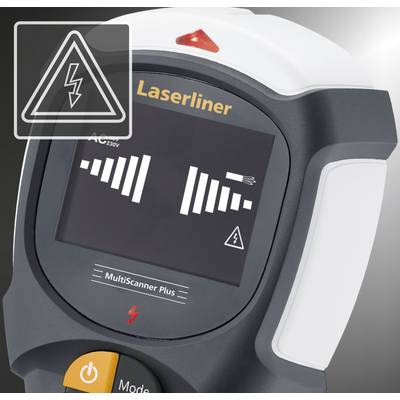 Elektroniczne urządzenie z ekranem wyświetla wykresy i symbol błyskawicy jako ostrzeżenie. Widoczny napis 'Laserliner'.