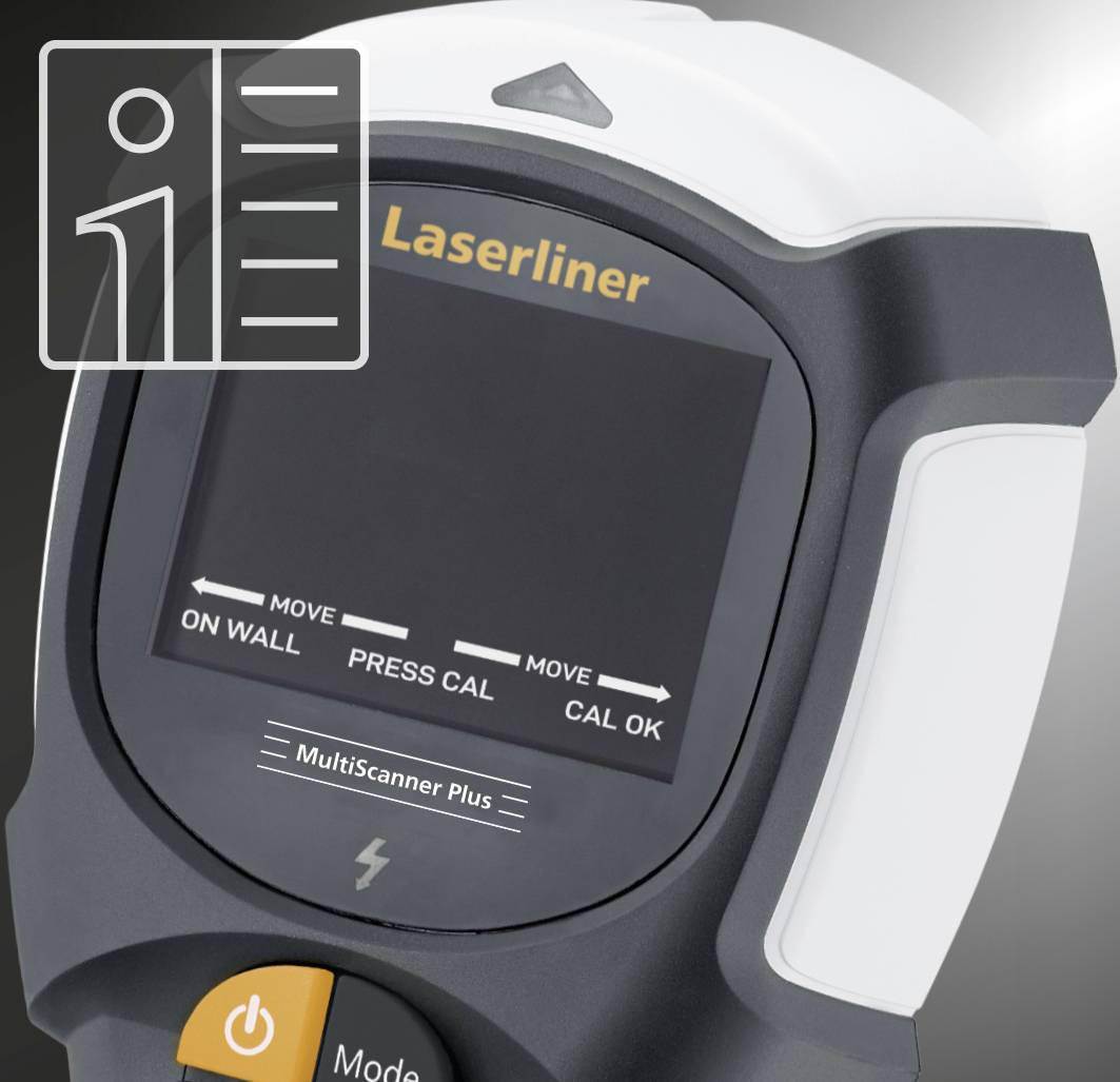 Cyfrowe urządzenie do pomiaru ścian z wyświetlaczem, pokazujące instrukcje 'PRZESUŃ NA ŚCIANĘ', 'NACIŚNIJ CAL', 'PRZESUŃ NA CAL', 'CAL OK'.